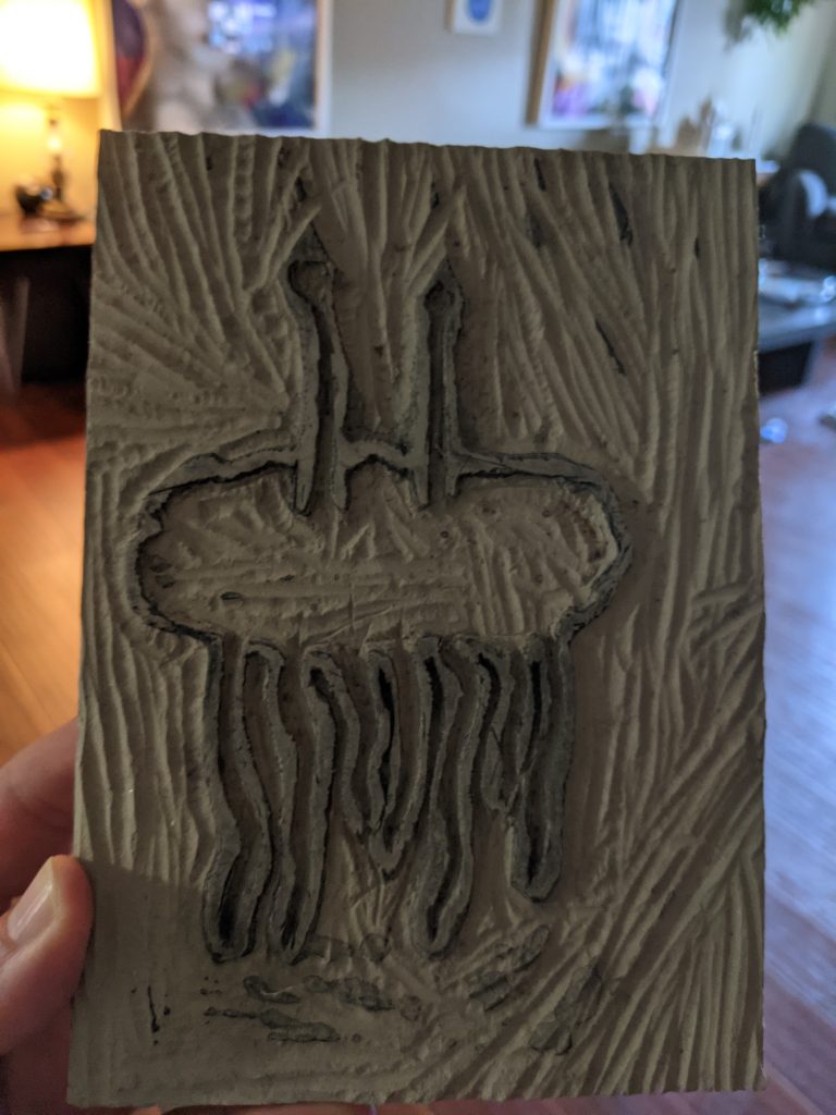 Here is a linolum wood block of a flumph I created, to print a T-shirt at summer camp